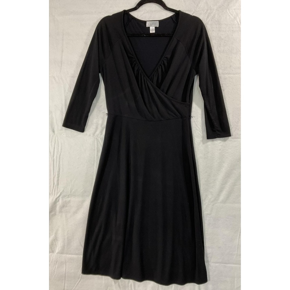 Ann Taylor LOFT Dress Womens 8 Black Faux Wrap 3/4 Sleeve Jersey Fit Flare‎